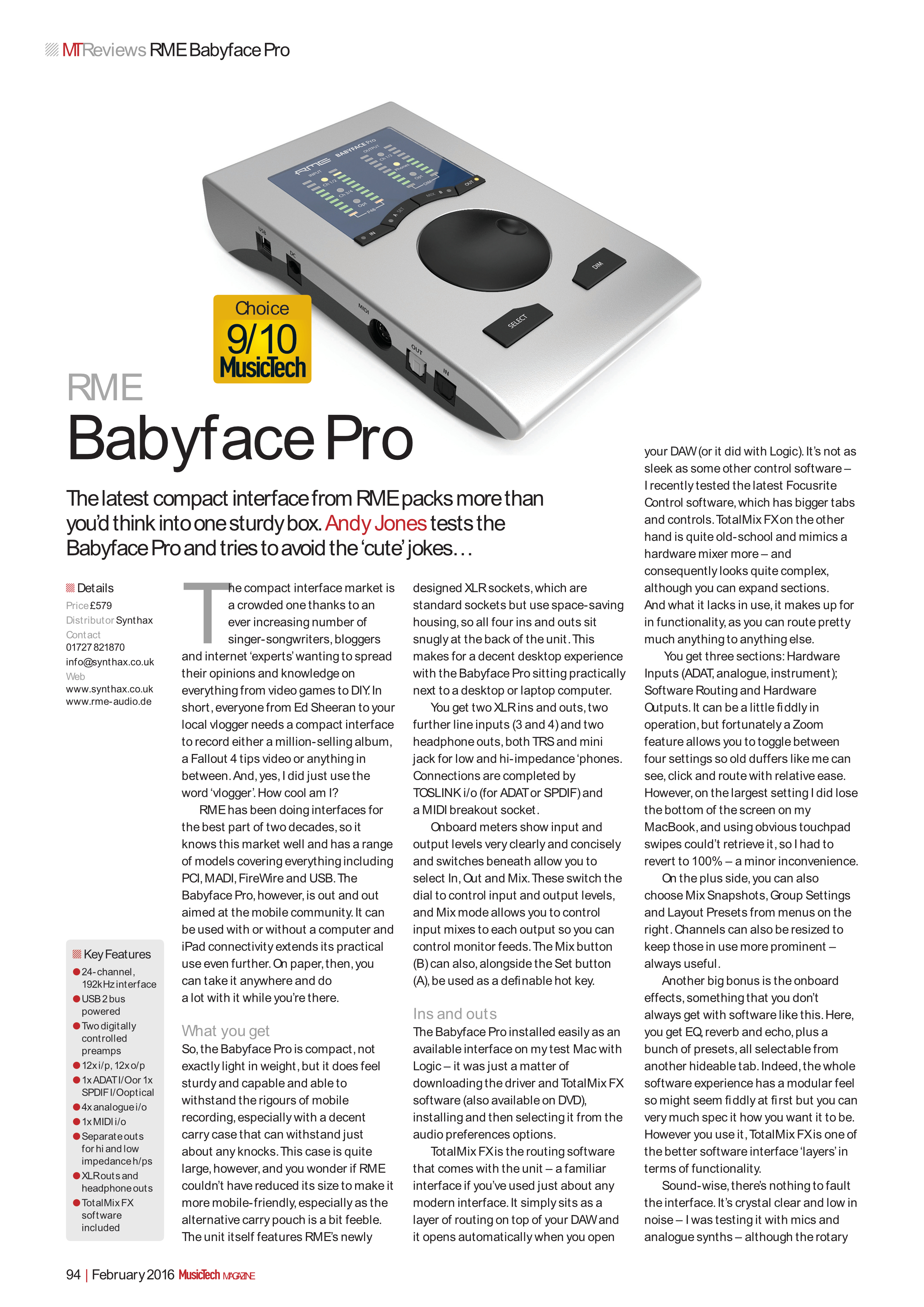 RME Babyface Pro Review - MusicTech Issue 155 - p94